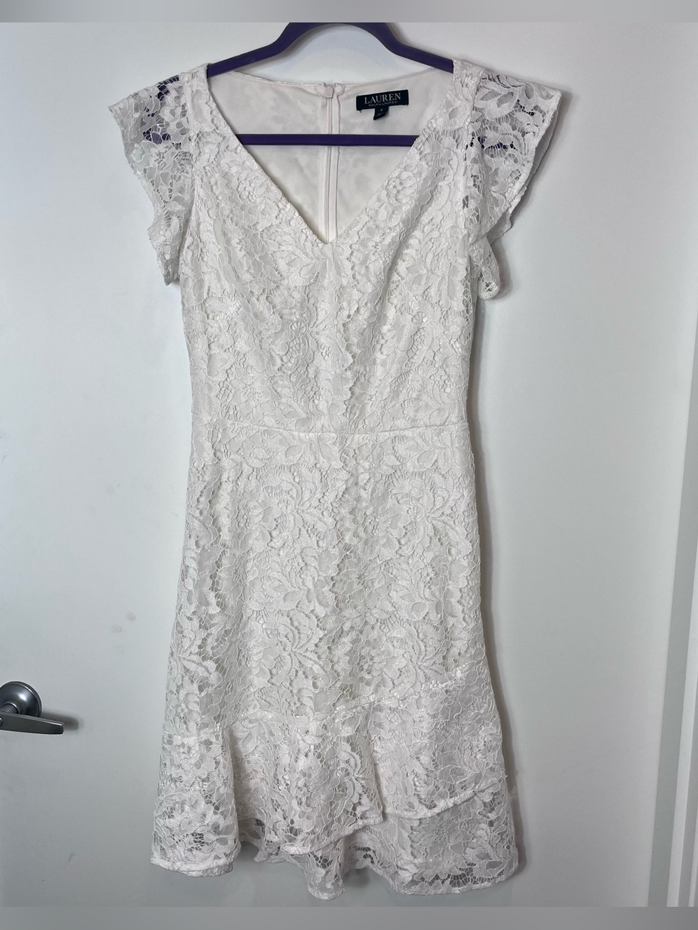 Lauren Ralph‎ Lauren White Lace V-Neck Dress Flutter Sleeve Boho Size 2